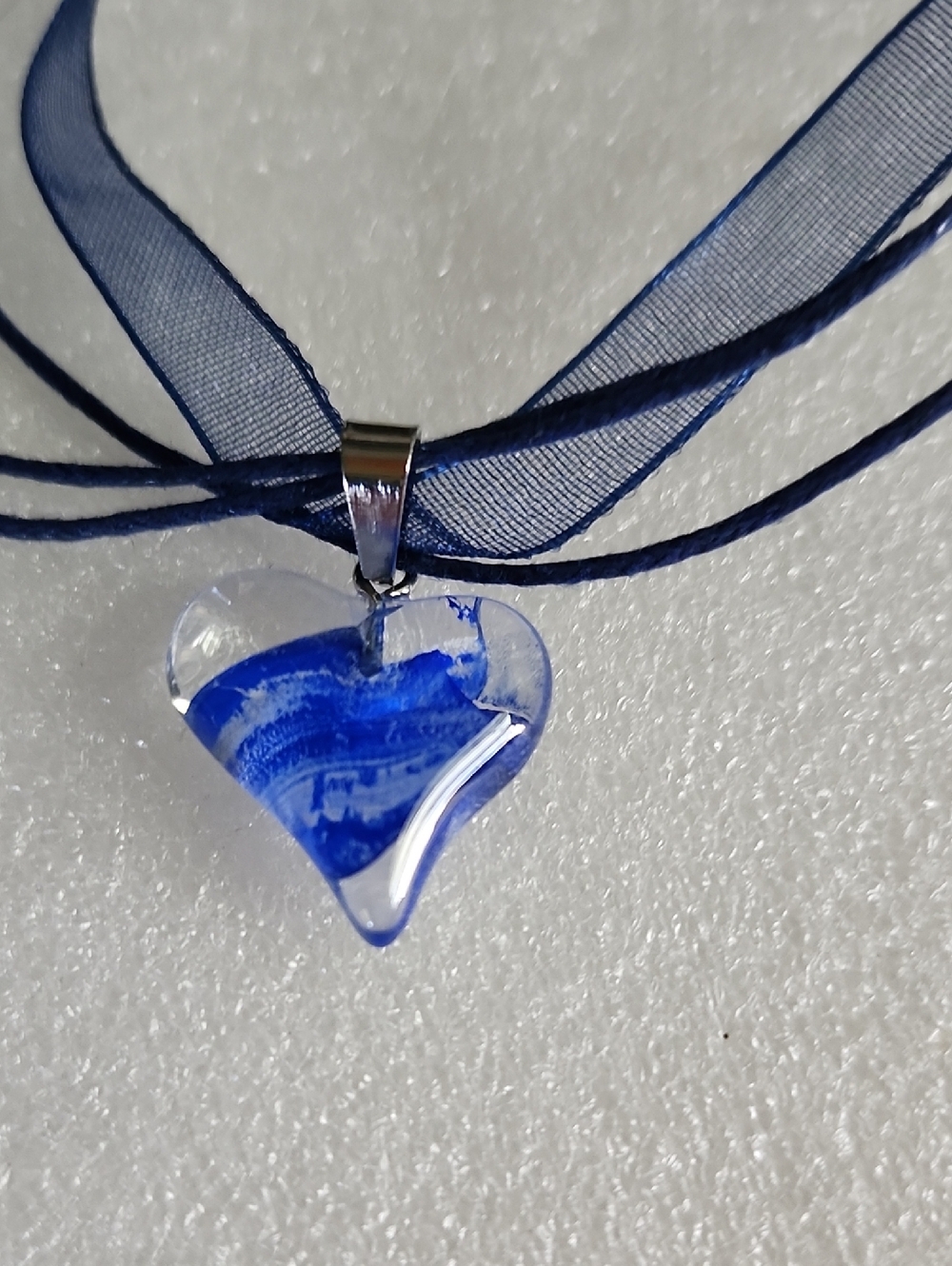 Hand Crafted Blue Heart Glass Pendant Necklace with Navy Ribbon
